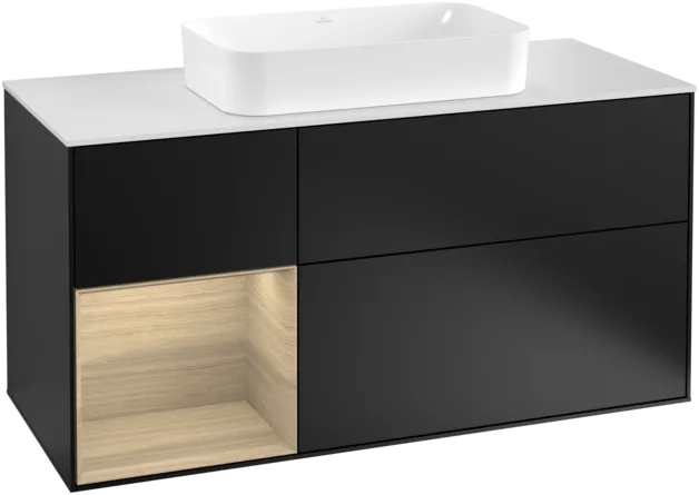 VILLEROY BOCH Toaletní skříňka Finion, s osvětlením, 3 výsuvy, 1200 x 603 x 501 mm, černý matný lak / dubová dýha / sklo bílé matné #F291PCPD