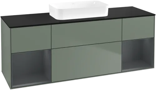VILLEROY BOCH Toaletní skříňka Finion, s osvětlením, 4 výsuvy, 1600 x 603 x 501 mm, olivový matný lak / půlnoční modrý matný lak / černé matné sklo #F742HGGM