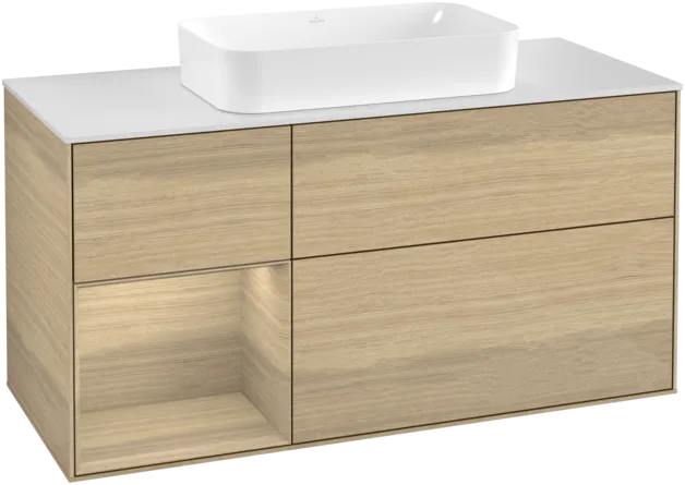 VILLEROY BOCH Toaletní skříňka Finion, s osvětlením, 3 výsuvy, 1200 x 603 x 501 mm, dubová dýha / dubová dýha / sklo bílé matné #F291PCPC