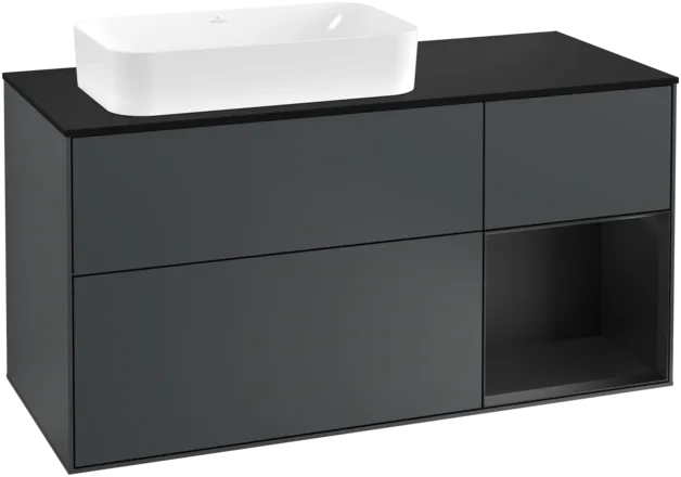 VILLEROY BOCH Toaletní skříňka Finion, s osvětlením, 3 výsuvy, 1200 x 603 x 501 mm, Midnight Blue Matt Lacquer / Black Matt Lacquer / Glass Black Matt #F282PDHG