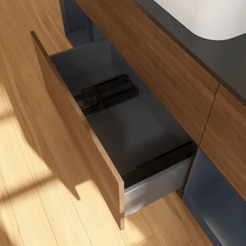 VILLEROY BOCH Toaletní skříňka Finion, s osvětlením, 4 výsuvy, 1600 x 603 x 501 mm, ořechová dýha / půlnočně modrý matný lak / černé matné sklo #F742HGGN, obrázek 7