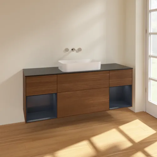 VILLEROY BOCH Toaletní skříňka Finion, s osvětlením, 4 výsuvy, 1600 x 603 x 501 mm, ořechová dýha / půlnočně modrý matný lak / černé matné sklo #F742HGGN, obrázek 2