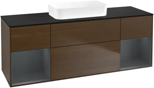 VILLEROY BOCH Toaletní skříňka Finion, s osvětlením, 4 výsuvy, 1600 x 603 x 501 mm, ořechová dýha / půlnočně modrý matný lak / černé matné sklo #F742HGGN