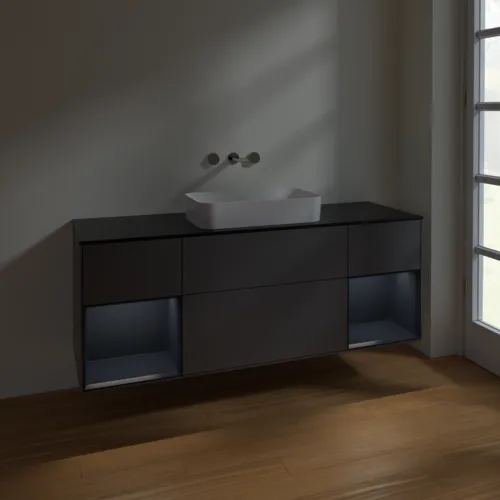 VILLEROY BOCH Toaletní skříňka Finion, s osvětlením, 4 výsuvy, 1600 x 603 x 501 mm, antracitový matný lak / půlnoční modrý matný lak / černé matné sklo #F742HGGK, obrázek 5