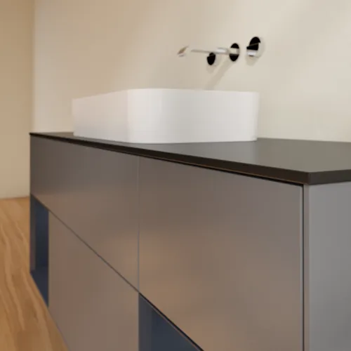 VILLEROY BOCH Toaletní skříňka Finion, s osvětlením, 4 výsuvy, 1600 x 603 x 501 mm, antracitový matný lak / půlnoční modrý matný lak / černé matné sklo #F742HGGK, obrázek 6