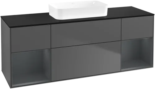 VILLEROY BOCH Toaletní skříňka Finion, s osvětlením, 4 výsuvy, 1600 x 603 x 501 mm, antracitový matný lak / půlnoční modrý matný lak / černé matné sklo #F742HGGK