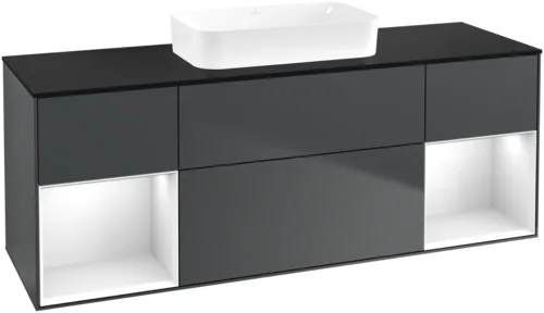 VILLEROY BOCH Toaletní skříňka Finion, s osvětlením, 4 výsuvy, 1600 x 603 x 501 mm, Midnight Blue Matt Lacquer / Glossy White Lacquer / Glass Black Matt #F742GFHG