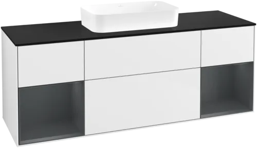 VILLEROY BOCH Toaletní skříňka Finion, s osvětlením, 4 výsuvy, 1600 x 603 x 501 mm, lesklý bílý lak / půlnoční modrý matný lak / černé matné sklo #F742HGGF
