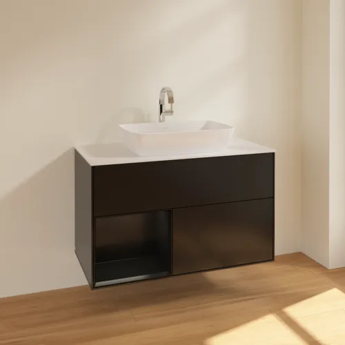 VILLEROY BOCH Toaletní skříňka Finion, s osvětlením, 2 výsuvy, 1000 x 603 x 501 mm, černý matný lak / černý matný lak / sklo bílé matné #F771PDPD, obrázek 2