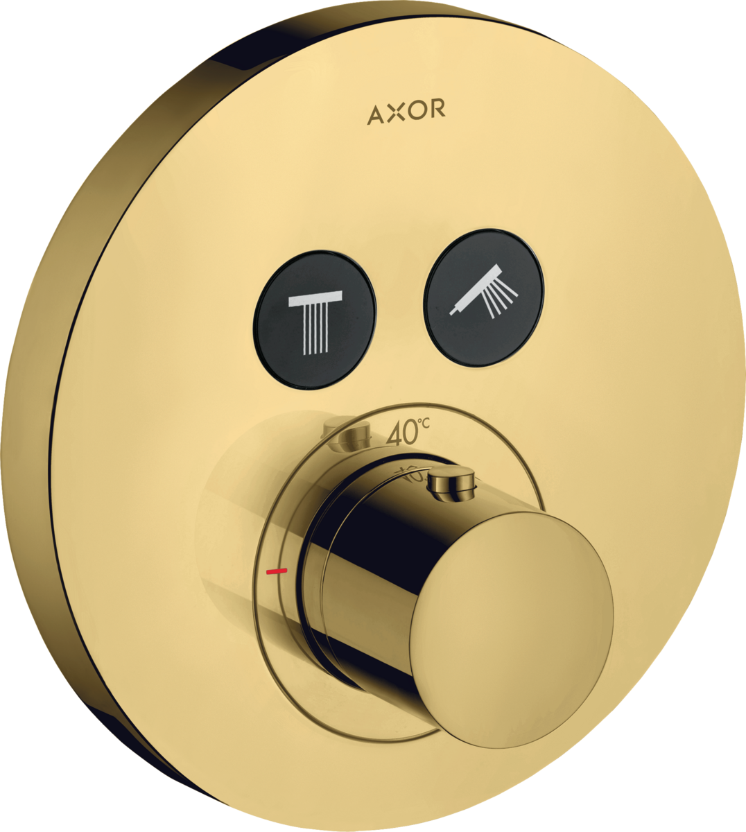 HANSGROHE AXOR ShowerSolutions Termostat s podomítkovou instalací, kulatá rozeta, pro 2 spotřebiče #36723990 - leštěný vzhled zlata