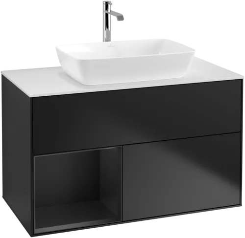VILLEROY BOCH Toaletní skříňka Finion, s osvětlením, 2 výsuvy, 1000 x 603 x 501 mm, černý matný lak / černý matný lak / sklo bílé matné #F771PDPD, obrázek 1