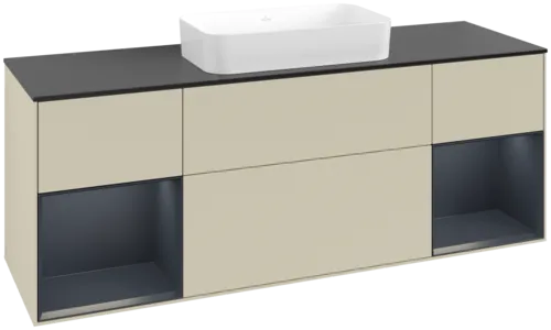 VILLEROY BOCH Toaletní skříňka Finion, s osvětlením, 4 výsuvy, 1600 x 603 x 501 mm, hedvábně šedý matný lak / půlnočně modrý matný lak / černé matné sklo #F742HGHJ