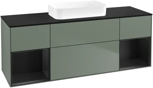 VILLEROY BOCH Toaletní skříňka Finion, s osvětlením, 4 výsuvy, 1600 x 603 x 501 mm, olivový matný lak / černý matný lak / černé matné sklo #F742PDGM