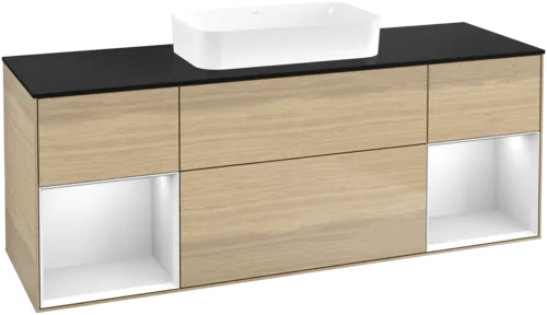 VILLEROY BOCH Toaletní skříňka Finion, s osvětlením, 4 výsuvy, 1600 x 603 x 501 mm, dubová dýha / bílý matný lak / černé matné sklo #F742MTPC