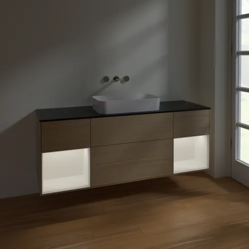 VILLEROY BOCH Toaletní skříňka Finion, s osvětlením, 4 výsuvy, 1600 x 603 x 501 mm, dubová dýha / bílý matný lak / černé matné sklo #F742MTPC, obrázek 5