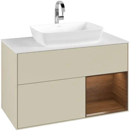 VILLEROY BOCH Toaletní skříňka Finion, s osvětlením, 2 výsuvy, 1000 x 603 x 501 mm, hedvábně šedý matný lak / ořechová dýha / sklo bílé matné #F781GNHJ