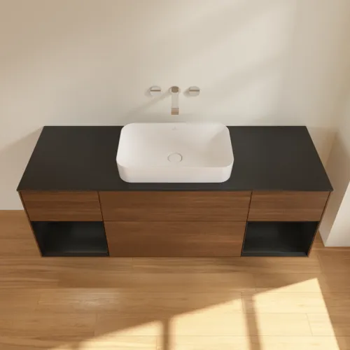 VILLEROY BOCH Toaletní skříňka Finion, s osvětlením, 4 výsuvy, 1600 x 603 x 501 mm, ořechová dýha / černý matný lak / černé matné sklo #F742PDGN, obrázek 4