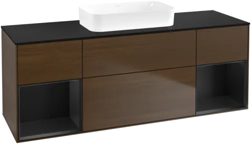 VILLEROY BOCH Toaletní skříňka Finion, s osvětlením, 4 výsuvy, 1600 x 603 x 501 mm, ořechová dýha / černý matný lak / černé matné sklo #F742PDGN