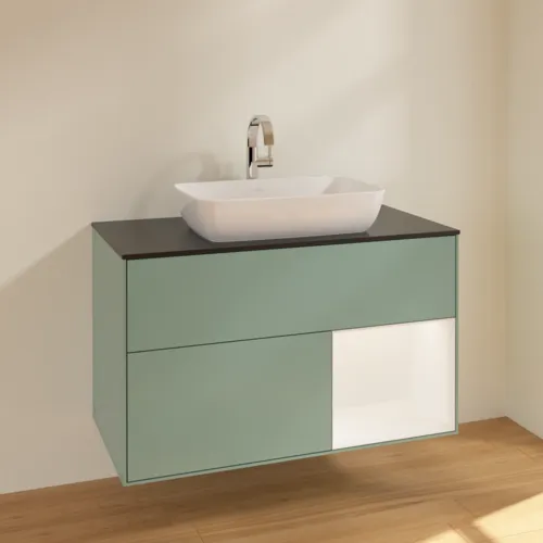 VILLEROY BOCH Toaletní skříňka Finion, s osvětlením, 2 výsuvy, 1000 x 603 x 501 mm, olivový matný lak / bílý matný lak / černé matné sklo #F782MTGM, obrázek 2