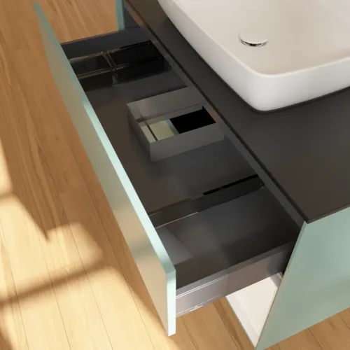VILLEROY BOCH Toaletní skříňka Finion, s osvětlením, 2 výsuvy, 1000 x 603 x 501 mm, olivový matný lak / bílý matný lak / černé matné sklo #F782MTGM, obrázek 8