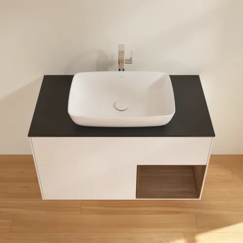 VILLEROY BOCH Toaletní skříňka Finion, s osvětlením, 2 výsuvy, 1000 x 603 x 501 mm, bílý matný lak / ořechová dýha / černé matné sklo #F782GNMT, obrázek 4
