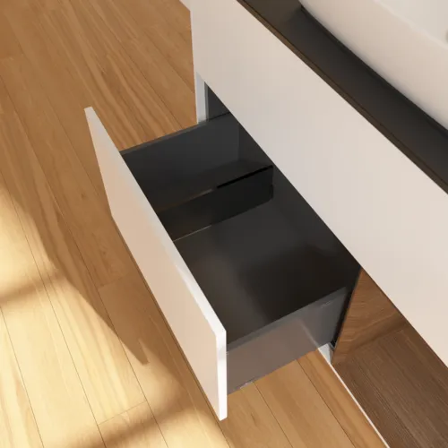 VILLEROY BOCH Toaletní skříňka Finion, s osvětlením, 2 výsuvy, 1000 x 603 x 501 mm, bílý matný lak / ořechová dýha / černé matné sklo #F782GNMT, obrázek 7