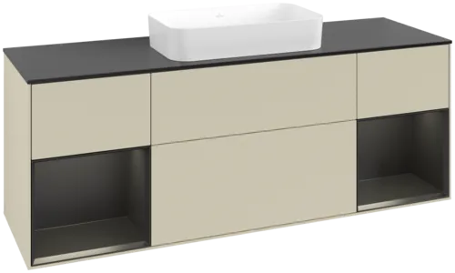 VILLEROY BOCH Toaletní skříňka Finion, s osvětlením, 4 výsuvy, 1600 x 603 x 501 mm, hedvábně šedý matný lak / černý matný lak / černé matné sklo #F742PDHJ