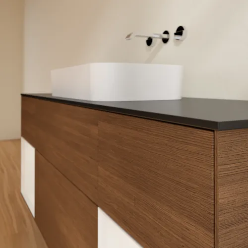 VILLEROY BOCH Toaletní skříňka Finion, s osvětlením, 4 výsuvy, 1600 x 603 x 501 mm, ořechová dýha / lesklý bílý lak / černé matné sklo #F742GFGN, obrázek 6