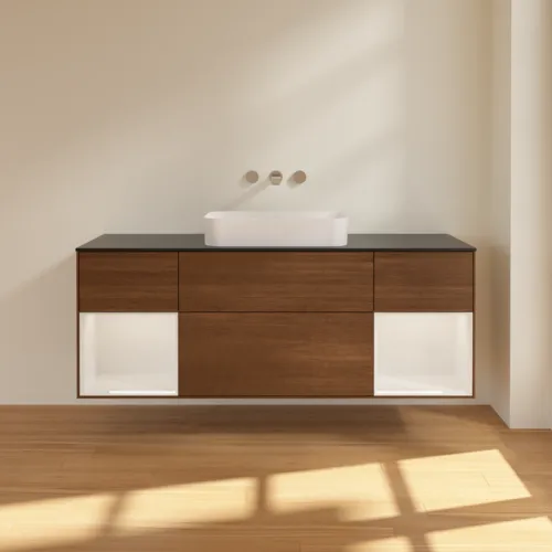 VILLEROY BOCH Toaletní skříňka Finion, s osvětlením, 4 výsuvy, 1600 x 603 x 501 mm, ořechová dýha / lesklý bílý lak / černé matné sklo #F742GFGN, obrázek 3