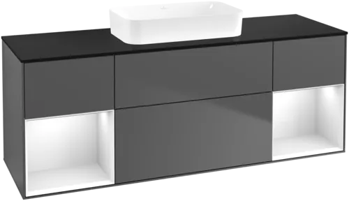 VILLEROY BOCH Toaletní skříňka Finion, s osvětlením, 4 výsuvy, 1600 x 603 x 501 mm, antracitový matný lak / lesklý bílý lak / černé matné sklo #F742GFGK