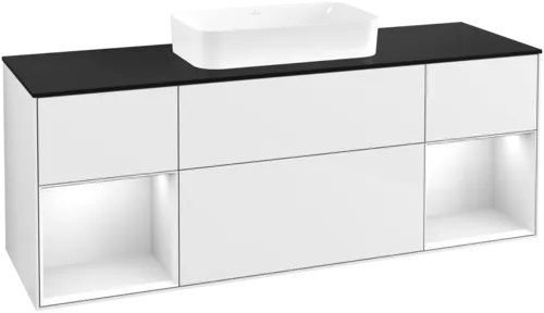 VILLEROY BOCH Toaletní skříňka Finion, s osvětlením, 4 výsuvy, 1600 x 603 x 501 mm, lesklý bílý lak / lesklý bílý lak / sklo černé matné #F742GFGF