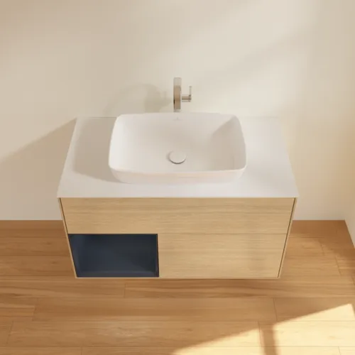 VILLEROY BOCH Toaletní skříňka Finion, s osvětlením, 2 výsuvy, 1000 x 603 x 501 mm, dubová dýha / půlnočně modrý matný lak / bílé matné sklo #F771HGPC, obrázek 4