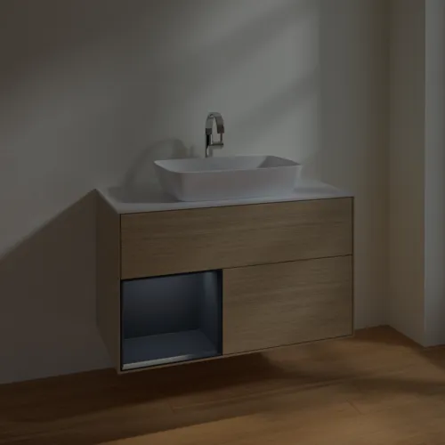 VILLEROY BOCH Toaletní skříňka Finion, s osvětlením, 2 výsuvy, 1000 x 603 x 501 mm, dubová dýha / půlnočně modrý matný lak / bílé matné sklo #F771HGPC, obrázek 5