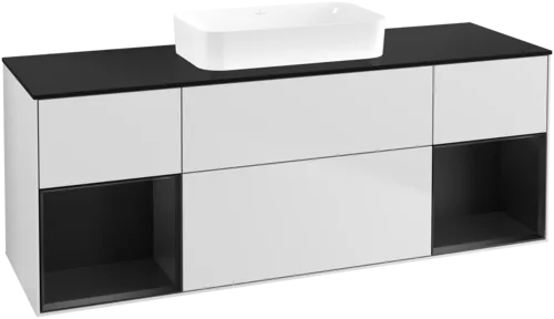 VILLEROY BOCH Toaletní skříňka Finion, s osvětlením, 4 výsuvy, 1600 x 603 x 501 mm, bílý matný lak / černý matný lak / černé matné sklo #F742PDMT