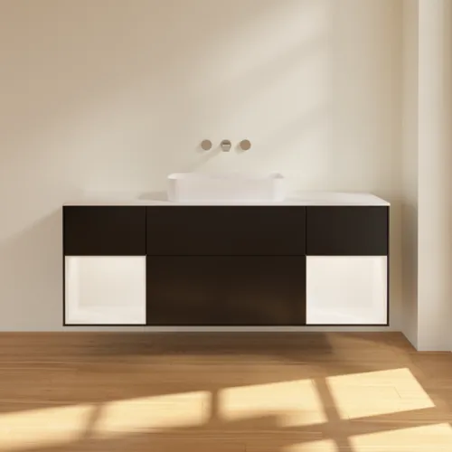 VILLEROY BOCH Toaletní skříňka Finion, s osvětlením, 4 výsuvy, 1600 x 603 x 501 mm, černý matný lak / bílý matný lak / bílé matné sklo #F741MTPD, obrázek 3