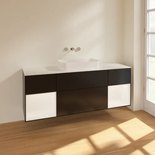 VILLEROY BOCH Toaletní skříňka Finion, s osvětlením, 4 výsuvy, 1600 x 603 x 501 mm, černý matný lak / bílý matný lak / bílé matné sklo #F741MTPD, obrázek 2