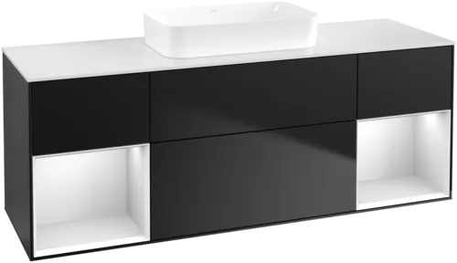 VILLEROY BOCH Toaletní skříňka Finion, s osvětlením, 4 výsuvy, 1600 x 603 x 501 mm, černý matný lak / bílý matný lak / bílé matné sklo #F741MTPD