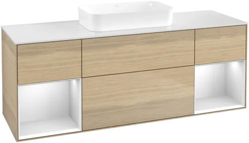 VILLEROY BOCH Toaletní skříňka Finion, s osvětlením, 4 výsuvy, 1600 x 603 x 501 mm, dubová dýha / bílý matný lak / bílé matné sklo #F741MTPC