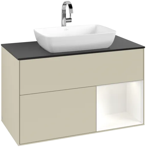 VILLEROY BOCH Toaletní skříňka Finion, s osvětlením, 2 výsuvy, 1000 x 603 x 501 mm, hedvábně šedý matný lak / bílý matný lak / černé matné sklo #F782MTHJ
