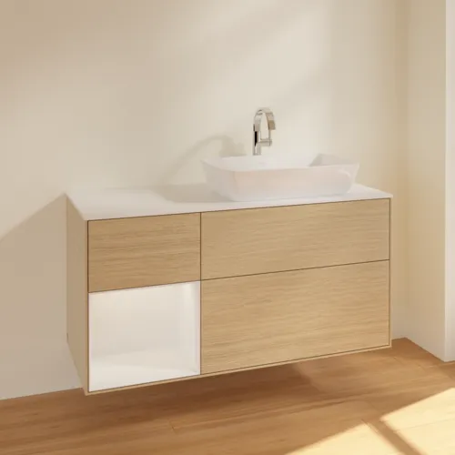 VILLEROY BOCH Toaletní skříňka Finion, s osvětlením, 3 výsuvy, 1200 x 603 x 501 mm, dubová dýha / lesklý bílý lak / sklo bílé matné #F801GFPC, obrázek 2