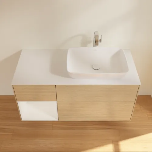 VILLEROY BOCH Toaletní skříňka Finion, s osvětlením, 3 výsuvy, 1200 x 603 x 501 mm, dubová dýha / lesklý bílý lak / sklo bílé matné #F801GFPC, obrázek 4