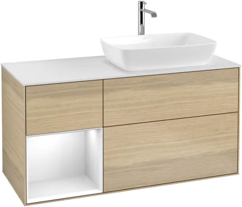 VILLEROY BOCH Toaletní skříňka Finion, s osvětlením, 3 výsuvy, 1200 x 603 x 501 mm, dubová dýha / lesklý bílý lak / sklo bílé matné #F801GFPC