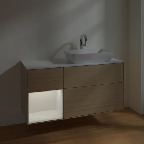 VILLEROY BOCH Toaletní skříňka Finion, s osvětlením, 3 výsuvy, 1200 x 603 x 501 mm, dubová dýha / lesklý bílý lak / sklo bílé matné #F801GFPC, obrázek 5