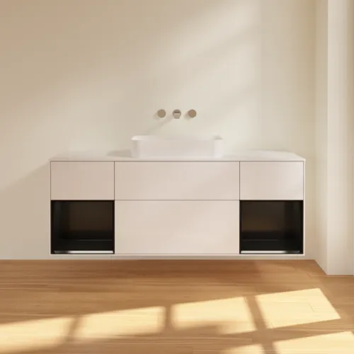VILLEROY BOCH Toaletní skříňka Finion, s osvětlením, 4 výsuvy, 1600 x 603 x 501 mm, lesklý bílý lak / černý matný lak / sklo bílé matné #F741PDGF, obrázek 3