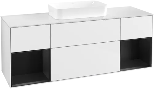 VILLEROY BOCH Toaletní skříňka Finion, s osvětlením, 4 výsuvy, 1600 x 603 x 501 mm, lesklý bílý lak / černý matný lak / sklo bílé matné #F741PDGF