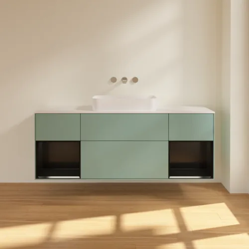 VILLEROY BOCH Toaletní skříňka Finion, s osvětlením, 4 výsuvy, 1600 x 603 x 501 mm, olivový matný lak / černý matný lak / bílé matné sklo #F741PDGM, obrázek 3