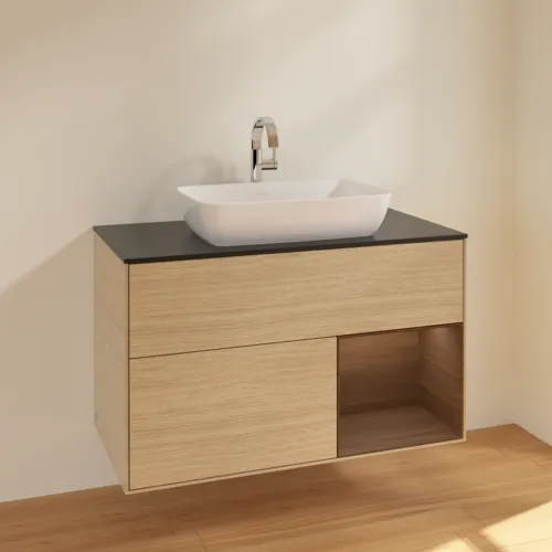 VILLEROY BOCH Toaletní stolek Finion, s osvětlením, 2 výsuvy, 1000 x 603 x 501 mm, dubová dýha / ořechová dýha / sklo černé matné #F782GNPC, obrázek 2