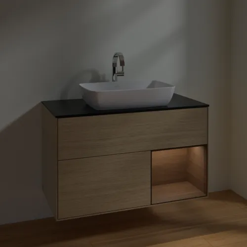 VILLEROY BOCH Toaletní stolek Finion, s osvětlením, 2 výsuvy, 1000 x 603 x 501 mm, dubová dýha / ořechová dýha / sklo černé matné #F782GNPC, obrázek 5