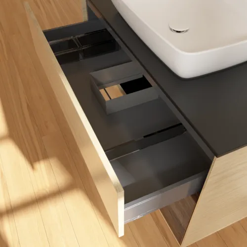 VILLEROY BOCH Toaletní stolek Finion, s osvětlením, 2 výsuvy, 1000 x 603 x 501 mm, dubová dýha / ořechová dýha / sklo černé matné #F782GNPC, obrázek 8