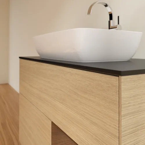 VILLEROY BOCH Toaletní stolek Finion, s osvětlením, 2 výsuvy, 1000 x 603 x 501 mm, dubová dýha / ořechová dýha / sklo černé matné #F782GNPC, obrázek 6